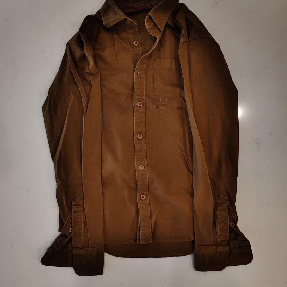 Topo Designs Dirt Overshirt Mens Brown Khaki Stretch Canvas Button Down Jacket